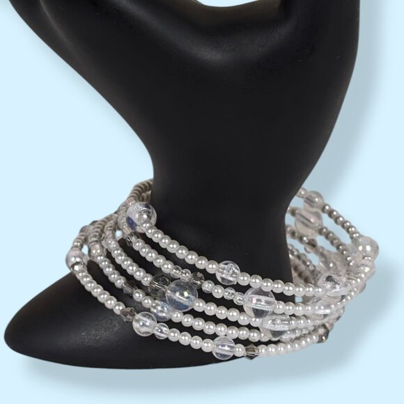 (2/$20) White & Clear Beaded Memory Wire Bracelet - Picture 2 of 5